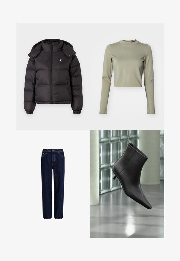 Schwarze Pufferjacke mit hohem Kragen, Reißverschluss und gesticktem Logo auf der Brust. Verfügt über elastische Bündchen und eine abnehmbare Kapuze.; Gekürztes langärmeliges Oberteil in hellolivgrün, aus glattem Stretchstoff, mit hohem Kragen und einem Calvin Klein-Logo am Kragen.; Dunkelblaue Denim-Jeans mit geradem Bein, hoher Taille, fünf Taschen und kontrastierenden Nähten. Ohne Verzierungen.; Schwarzer Leder-Knöchelstiefel mit spitzer Spitze und kleinem Absatz vor einer Wand aus Glasbausteinen und einem polierten Boden.