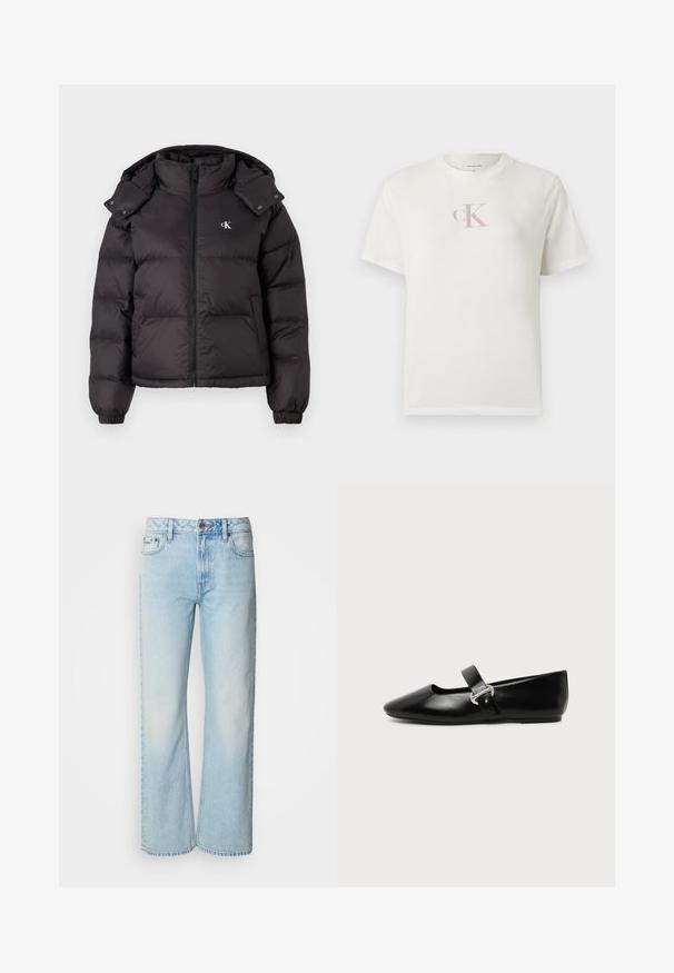 Schwarze Pufferjacke mit hohem Kragen, Reißverschluss und gesticktem Logo auf der Brust. Verfügt über elastische Bündchen und eine abnehmbare Kapuze.; Weißes T-Shirt aus Baumwolle mit kurzen Ärmeln, das auf der Brust ein kleines, hellrosa "CK"-Logo und einen klassischen Rundhalsausschnitt aufweist. Weiche Textur.; Helle blaue weit geschnittene Jeans aus Denim, mit einem klassischen Fünf-Taschen-Design und einer dezenten, gewaschenen Textur. Die Denim-Nähte sind sichtbar.; Schwarzer Ledermary-Jane-Flachschuh mit abgerundetem Zehenbereich und silberner Schnalle auf einfachem Hintergrund.
