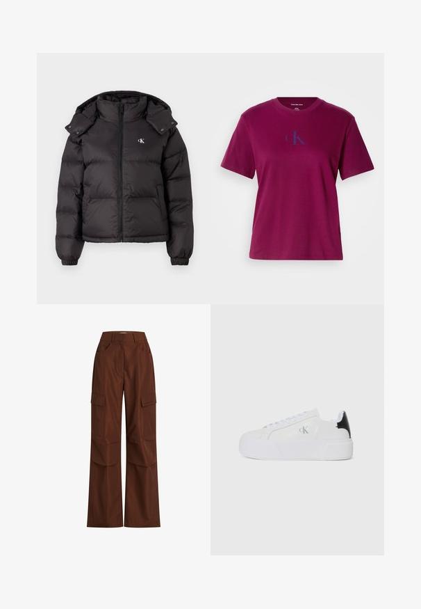 Schwarze Pufferjacke mit hohem Kragen, Reißverschluss und gesticktem Logo auf der Brust. Verfügt über elastische Bündchen und eine abnehmbare Kapuze.; Magenta Baumwoll-T-Shirt mit Rundhalsausschnitt, kurzen Ärmeln und einem blauen Logo auf der Brust. Hat eine lockere Passform und eine glatte Textur.; Braune Cargo-Hose mit weitem Bein, mehreren Seitentaschen, hoher Taille und robuster Baumwolle mit glatter Textur.; Calvin Klein Jeans FLATFORM LACE UP - Sneaker low - bright white/black