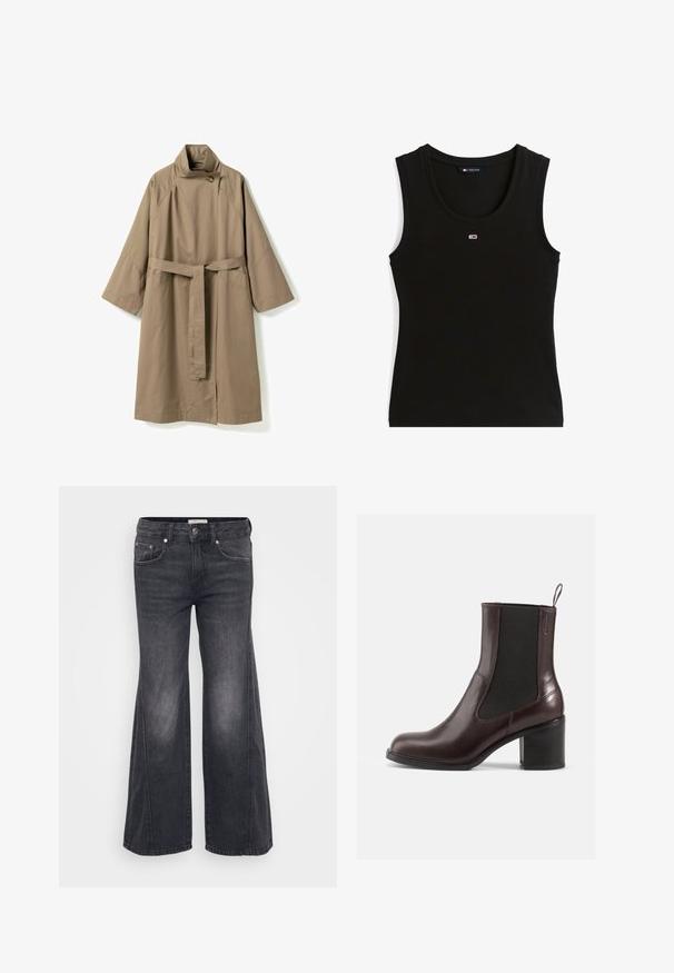 Long trench beige avec manches larges, col montant fermé par un bouton, et ceinture assortie en tissu nouée à la taille.; Débardeur noir côtelé sans manches avec petit logo rectangulaire rouge, blanc et bleu au centre de la poitrine et étiquette au col indiquant Tommy Jeans.; Jean en denim noir à jambes larges avec taille haute, comportant cinq poches, des éléments en métal argenté et un motif légèrement dégradé le long des jambes.; Bottes de cheville en cuir marron avec des panneaux élastiques sur les côtés, bout arrondi et talon bloc. Texture lisse et détails de couture subtils.