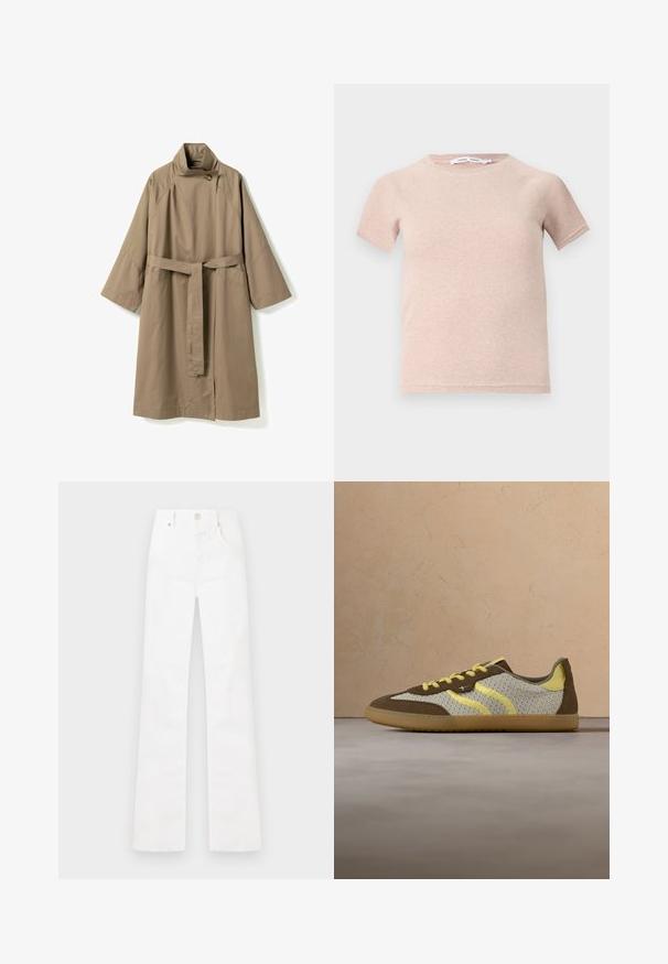 Long trench beige avec manches larges, col montant fermé par un bouton, et ceinture assortie en tissu nouée à la taille.; T-shirt à manches courtes rose clair en tissu côtelé, avec un col rond et une coupe décontractée. Design simple et sans couture.; Jean blanc taille haute à jambe droite avec fermeture à boutons et zip à l'avant, poches latérales, et passants pour ceinture, présenté à plat sur un fond blanc.; Baskets marron et crème avec accents jaunes, dessus en tissu maille, semelle en caoutchouc, et rayures contrastantes sur les côtés, présentant un design moderne.