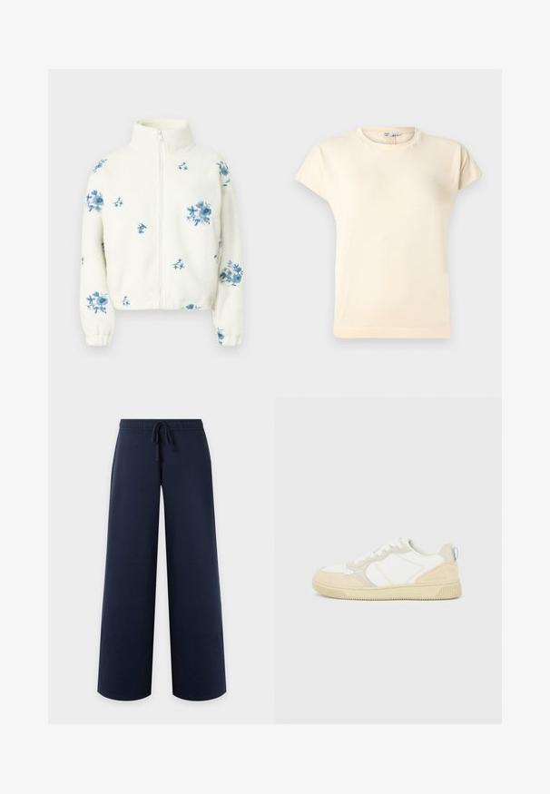 Veste en polaire blanche avec broderie florale bleue. Dotée d'un col montant et d'une fermeture éclair à l'avant. Manches avec poignets et coupe décontractée.; T-shirt à manches courtes de couleur crème avec un col rond, une coupe légèrement ample et des détails de couture minimalistes.; Pantalon bleu marine à jambe large, taille élastique et cordon, vu de face sur fond uni clair.; Baskets blanches et beiges avec dessus en suède et textile, présentant des coutures contrastées, une semelle en caoutchouc et un accent bleu clair sur le talon.