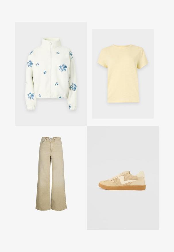 Veste en polaire blanche avec broderie florale bleue. Dotée d'un col montant et d'une fermeture éclair à l'avant. Manches avec poignets et coupe décontractée.; T-shirt jaune clair à manches courtes et col rond, au design uni, affiché sur un fond plat gris clair.; Jean beige à taille haute et jambes larges, avec bouton et fermeture éclair à l'avant, passants pour ceinture et poches avant.; Sneaker beige avec des matériaux en daim et en maille, forme arrondie, col rembourré proéminent et semelle en caoutchouc gomme. Présente un accent de design en forme de vague.