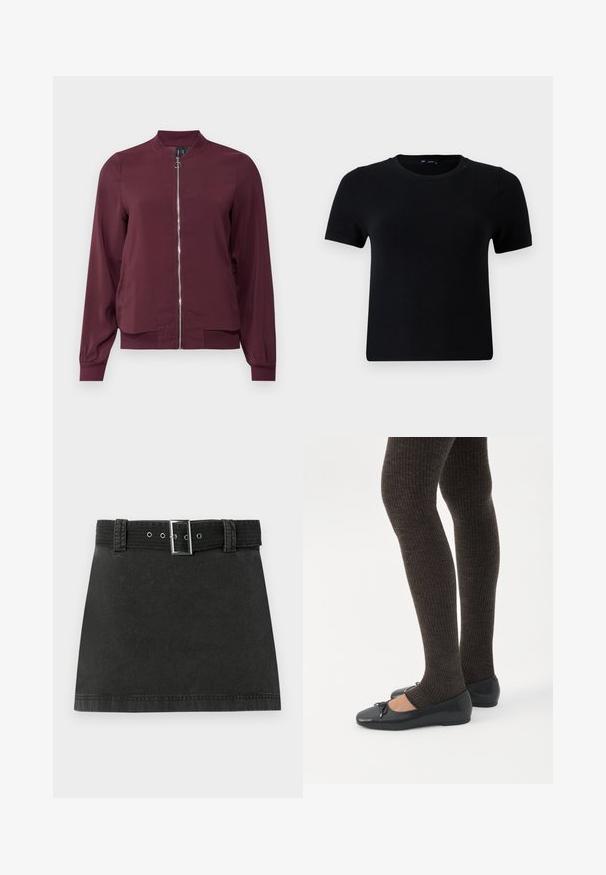 Veste bomber bordeaux à fermeture éclair, col rond et poignets côtelés. Fabriquée dans un tissu lisse avec un design simple et classique.; T-shirt noir à manches courtes avec un col rond, fabriqué en tissu doux. Présente une coupe classique et un design épuré et simple.; Jupe mini en denim noir avec une ceinture assortie présentant une boucle métallique et des passants de ceinture, affichée à plat sur un fond blanc.; Jambes portant des leggings côtelés foncés associés à des ballerines noires avec de petits détails en nœud sur fond blanc.