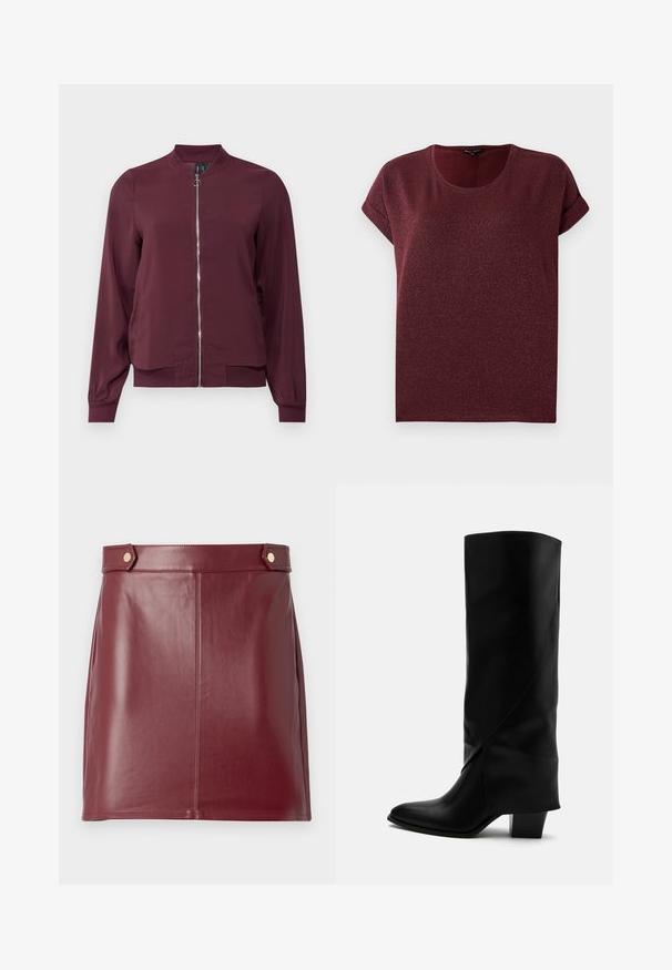 Veste bomber bordeaux à fermeture éclair, col rond et poignets côtelés. Fabriquée dans un tissu lisse avec un design simple et classique.; Top bourgogne à manches courtes en tissu texturé et pailleté, avec un col rond et des poignets retroussés. Coupe décontractée.; Jupe mini en cuir bordeaux avec une texture lisse, présentant un design ajusté, des panneaux latéraux et deux boutons dorés au niveau de la taille.; Botte haute en cuir noir avec couture inclinée, bout pointu et talon épais de taille moyenne sur fond blanc.
