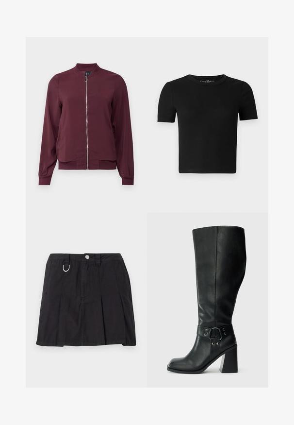 Veste bomber bordeaux à fermeture éclair, col rond et poignets côtelés. Fabriquée dans un tissu lisse avec un design simple et classique.; T-shirt noir ajusté à manches courtes, texture côtelée et col rond. Design simple, sans logo ni ornement visible.; Jupe plissée noire en coton, avec une fermeture à boutons sur le devant, des passants de ceinture et un accent en D-ring sur la taille.; Bottes en cuir noires arrivant au genou, avec un bout carré, un large talon et une sangle décorative avec des accents métalliques autour de la cheville. Texture lisse.