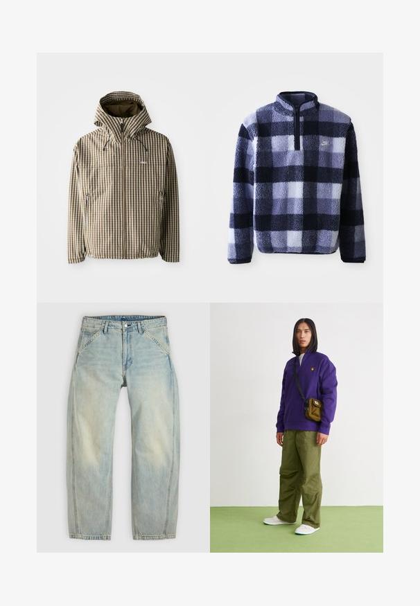 Chaqueta a rayas marrón y crema con capucha, cierre de cremallera completa, bolsillos laterales y puños elásticos, fabricada con un material ligero e impermeable.; Sudadera de forro polar Nike en cuadros azul marino y celeste. Cuenta con un medio zipper y una tela suave y texturizada. Pequeño logo en el pecho.; Vaqueros de pierna ancha en azul claro hechos de denim. Cuentan con cinco bolsillos, cierre de botón y zonas desgastadas para un aspecto envejecido.; Jordan AIR JORDAN 1 ZM CMFT 2 - Zapatillas altas - summit white/bicoastal/oxidized green