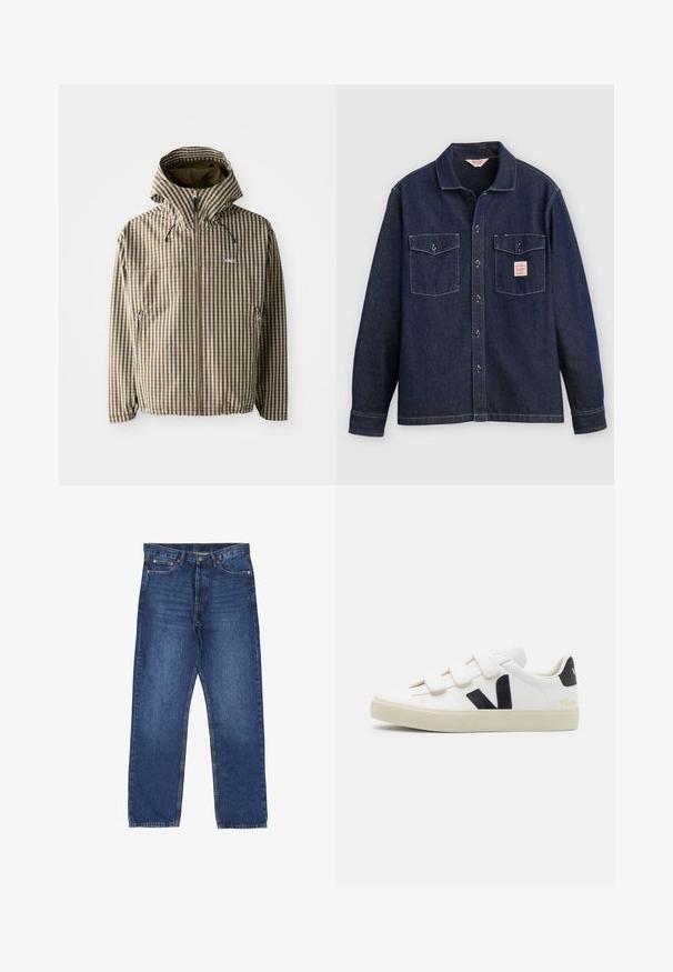 Braune und cremefarbene kariert Kapuzenjacke mit durchgehendem Reißverschluss, seitlichen Taschen und elastischen Bündchen, gefertigt aus leichtem, wasserdichtem Material.; Dunkelblaues Jeanshemd mit Kragen, zwei Brusttaschen und durchgehender Knopfleiste. Verfügt über kontrastierende Nähte und ein Etikett auf der linken Tasche.; Blaue Jeans im Straight-Leg-Schnitt, mit Fünf-Taschen-Design und sichtbaren Nähten. Der Stoff hat eine abgenutzte Textur und mittleren Waschung.; Weißer Sneaker mit schwarzen Akzenten und Klettverschluss. Verfügt über ein strukturiertes Lederobermaterial, eine cremefarbene Gummisohle und ein Logo an der Ferse.