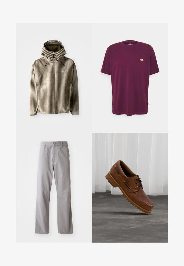 Chaqueta a rayas marrón y crema con capucha, cierre de cremallera completa, bolsillos laterales y puños elásticos, fabricada con un material ligero e impermeable.; Camiseta de algodón burdeos con cuello redondo, mangas cortas y un pequeño logo multicolor en el pecho. Textura suave, corte estándar.; Pantalones de algodón grises con un diseño de pierna recta, que presentan un cierre frontal con botón y lazos para cinturón. Textura suave y detalles mínimos.; Zapato náutico de cuero marrón con cordones negros, costuras beige y una suela resistente, suspendido sobre un suelo de hormigón gris.