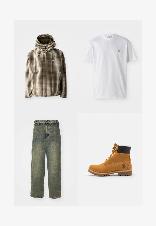 Brun og creme ternet hættejakke med fuld lynlås, sidelommer og elastiske manchetter, fremstillet af letvægts, vandtæt materiale.; Hvid bomulds t-shirt med korte ærmer, rund hals og et lille guld logo på venstre brystområde. Blød tekstur og almindelig pasform.; Slidse denim jeans i en falmet blå og grøn vask. Har en knaplukning, bælteløkker og sidelommer. Flad front og lige ben-design.; Brune læder ankelstøvle med metaløjer, hvid pelsforing, sort polstret krave, robust sål og præget logo på siden.