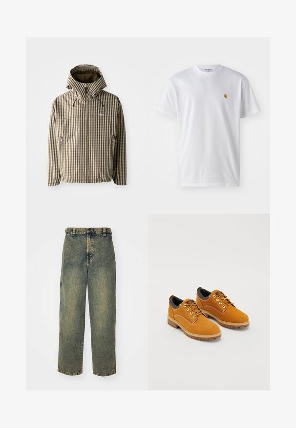 Braune und cremefarbene kariert Kapuzenjacke mit durchgehendem Reißverschluss, seitlichen Taschen und elastischen Bündchen, gefertigt aus leichtem, wasserdichtem Material.; Weißes Baumwoll-T-Shirt mit kurzen Ärmeln, Rundhalsausschnitt, mit einem kleinen goldenen Logo im linken Brustbereich. Weicher Stoff und normale Passform.; Baggy-Jeans aus Denim in einer verblassten Blauen und Grünen Waschung. Mit Knopfverschluss, Gürtelschlaufen und Seitentaschen. Flaches Vorderteil und gerades Bein-Design.; Braune Wildlederschuhe mit einer runden Zehenpartie, gelben Schnürsenkeln, einem gepolsterten schwarzen Kragen und Gummisohlen mit Rillen für besseren Halt.
