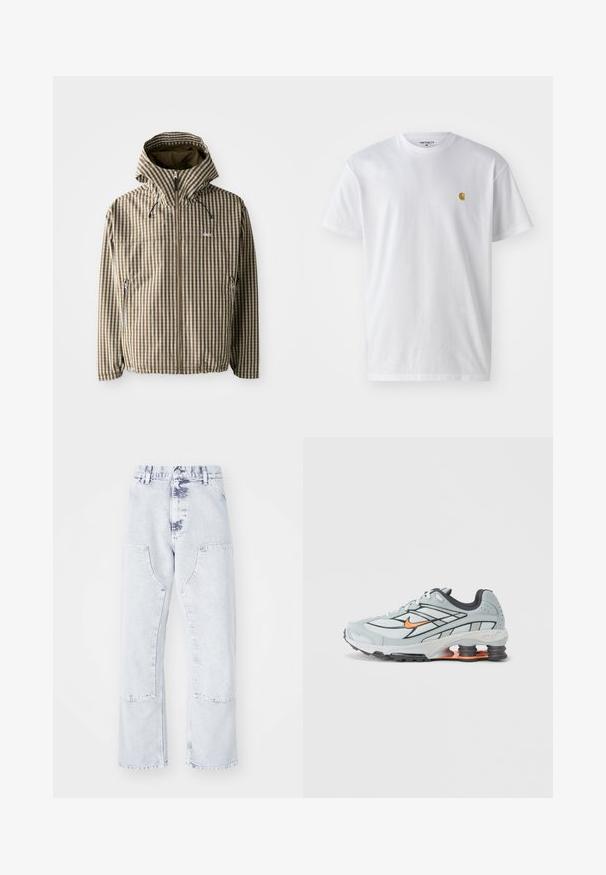 Braune und cremefarbene kariert Kapuzenjacke mit durchgehendem Reißverschluss, seitlichen Taschen und elastischen Bündchen, gefertigt aus leichtem, wasserdichtem Material.; Weißes Baumwoll-T-Shirt mit kurzen Ärmeln, Rundhalsausschnitt, mit einem kleinen goldenen Logo im linken Brustbereich. Weicher Stoff und normale Passform.; Hellblaue Denim-Jeans im Straight-Leg-Schnitt mit aufgesetzten Taschen, hoher Taille und einem verwaschenen Finish. Mit tonalem Nähen und einem lässigen Schnitt.; Hellgrauer Laufschuh mit schwarzen Akzenten, orangefarbenem Logo, Mesh-Obermaterial, gepolstertem Schaft und Gummisohle mit sichtbaren stoßdämpfenden Einheiten.