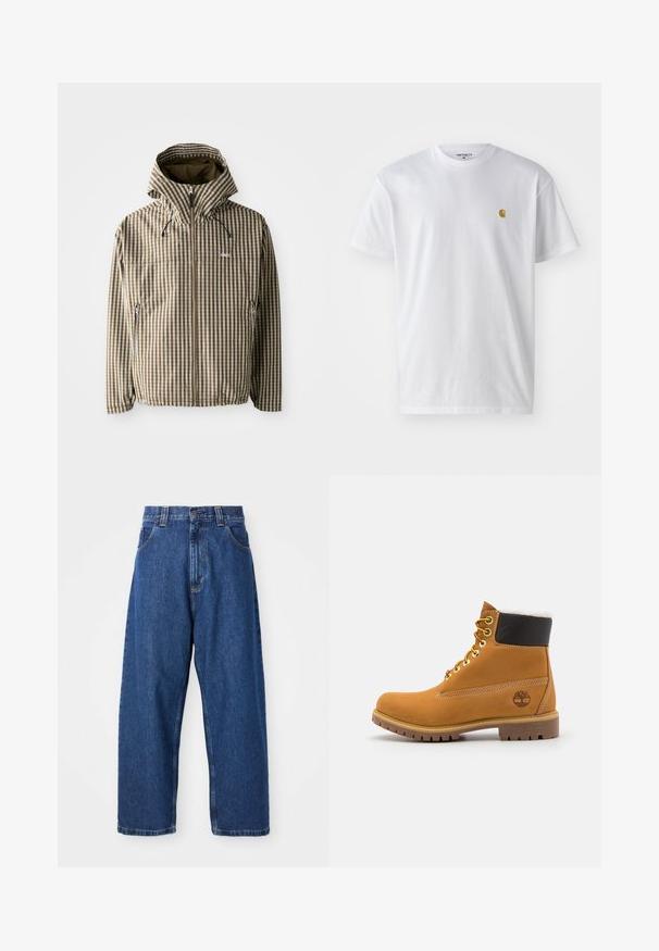 Chaqueta a rayas marrón y crema con capucha, cierre de cremallera completa, bolsillos laterales y puños elásticos, fabricada con un material ligero e impermeable.; Camiseta de algodón blanca con mangas cortas, cuello redondo, que presenta un pequeño logo dorado en la parte izquierda del pecho. Textura suave y corte regular.; Jeans de pierna ancha de denim en azul oscuro. Presentan una cintura alta, trabillas para cinturón y un diseño clásico de cinco bolsillos. Bajo cosido con un acabado limpio.; Botín de cuero marrón con ojales de metal, forro de piel sintética blanca, cuello acolchado negro, suela resistente y logotipo en relieve en el costado.