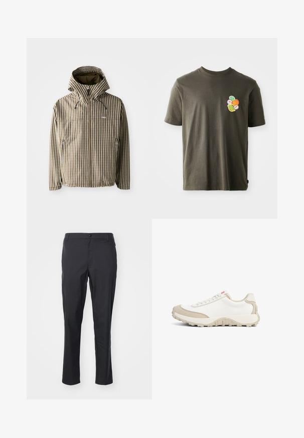 Brun og creme ternet hættejakke med fuld lynlås, sidelommer og elastiske manchetter, fremstillet af letvægts, vandtæt materiale.; Mørkeolivengrøn bomulds t-shirt med rund hals. Har et farverigt trykt design af cirkulære former på venstre brystområde.; Sorte bukser fremstillet af letvægtsstof, med en glat tekstur, lige snit og en knaplukning i taljen.; Hvide sneakers med beige suede detaljer, tekstureret gummisål og snørebåndslukning. Har en buet design og rød logoetiket på siden.