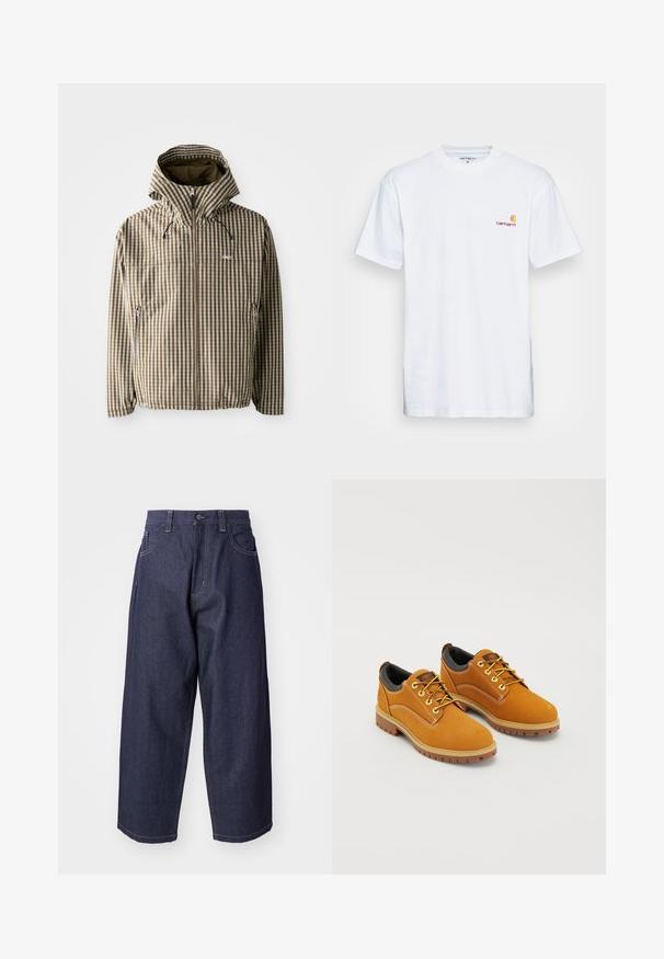 Braune und cremefarbene kariert Kapuzenjacke mit durchgehendem Reißverschluss, seitlichen Taschen und elastischen Bündchen, gefertigt aus leichtem, wasserdichtem Material.; Weißes Baumwoll-T-Shirt mit kurzen Ärmeln. Entworfen mit einem kleinen orangefarbenen und kastanienbraunen Logo auf der linken Brust. Verfügt über einen klassischen Rundhalsausschnitt.; Dunkelblaue Denim-Jeans mit einem lockeren, weiten Schnitt. Zu den Merkmalen gehören ein Knopfverschluss, Fronttaschen und sichtbare Nähte.; Braune Wildlederschuhe mit einer runden Zehenpartie, gelben Schnürsenkeln, einem gepolsterten schwarzen Kragen und Gummisohlen mit Rillen für besseren Halt.