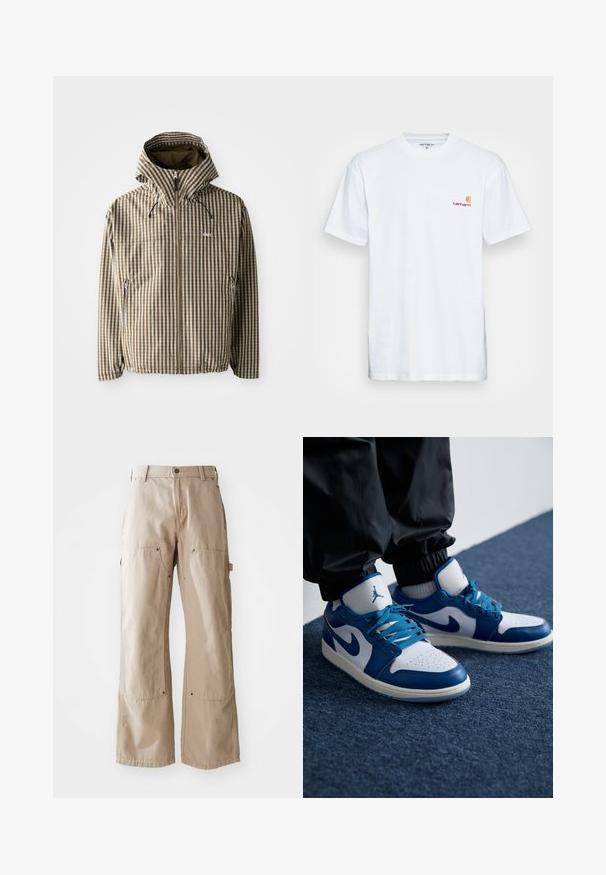 Bruin en crème geruit hoodie met een volledige ritssluiting, zijzakken en elastische manchetten, gemaakt van een lichtgewicht, waterdicht materiaal.; Witte katoenen t-shirt met korte mouwen. Ontworpen met een klein oranje en kastanjebruin logo op de linkerkant van de borst. Heeft een klassieke ronde hals.; Beige wijde broek van stevige katoen. Heeft voor- en zijzakken, zichtbare stiksels en metalen accenten op de zakken.; Nike Air Jordan sneakers hebben een witte leren basis met blauwe synthetische accenten, een geperforeerde neusdoos en blauwe veters.