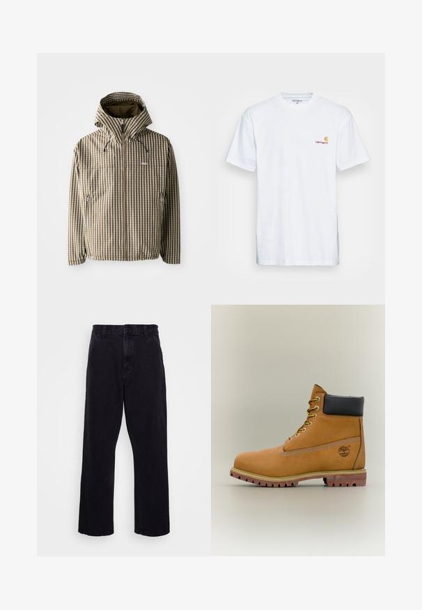 Braune und cremefarbene kariert Kapuzenjacke mit durchgehendem Reißverschluss, seitlichen Taschen und elastischen Bündchen, gefertigt aus leichtem, wasserdichtem Material.; Weißes Baumwoll-T-Shirt mit kurzen Ärmeln. Entworfen mit einem kleinen orangefarbenen und kastanienbraunen Logo auf der linken Brust. Verfügt über einen klassischen Rundhalsausschnitt.; Schwarze Jeanshose mit geradem Bein, ausgestattet mit einem Knopf- und Reißverschluss, Gürtelschlaufen und minimalen Nähdetails.; Brauner Leder-Stiefelette mit schwarzem Kragen, gelben Schnürsenkeln und hellbrauner Sohle. Verfügt über ein Logo und weiße Ziernähe. Robuste Profilsohle.