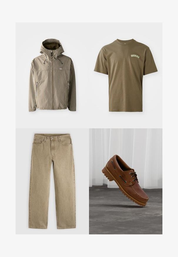 Bruin en crème geruit hoodie met een volledige ritssluiting, zijzakken en elastische manchetten, gemaakt van een lichtgewicht, waterdicht materiaal.; Olijfgroen katoen t-shirt met korte mouwen, ronde hals en een klein wit "Dickies" logo gedrukt op de linkerborst. Soepele textuur.; Beige jeans met rechte pijpen, voorzakken, riemlussen, knoopsluiting en zichtbare stiksels op een lichtgrijze achtergrond.; Bruine leren bootschoen met zwarte veters, beige stiksel en een robuuste zool, zwevend boven een grijze betonnen vloer.