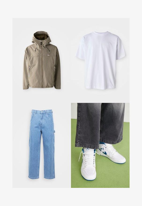 Brun og creme ternet hættejakke med fuld lynlås, sidelommer og elastiske manchetter, fremstillet af letvægts, vandtæt materiale.; Hvid bomulds T-shirt med rund hals og korte ærmer. Har et diskret logo broderet i matchende farve på venstre bryst.; Lyseblå denim cargo bukser med lige ben, forlommer og sidelommer. Stofstrukturen er glat med en let falmet overflade.; Hvide højtop sneakers med blå accenter, perforeret tå boks og hvide snørebånd. Båret med løse grå denim bukser på en grøn overflade.