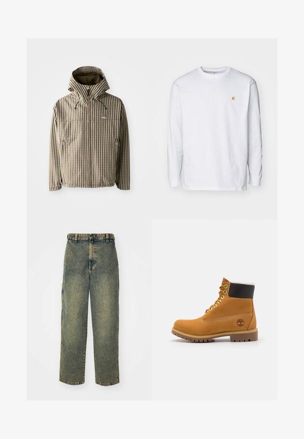 Brun og creme ternet hættejakke med fuld lynlås, sidelommer og elastiske manchetter, fremstillet af letvægts, vandtæt materiale.; Hvid langærmet t-shirt lavet af bomuld. Har et lille gyldent logo på brystet og en rund halsudskæring. Enkel design og standard pasform.; Slidse denim jeans i en falmet blå og grøn vask. Har en knaplukning, bælteløkker og sidelommer. Flad front og lige ben-design.; Brune læder ankelstøvle med metaløjer, hvid pelsforing, sort polstret krave, robust sål og præget logo på siden.