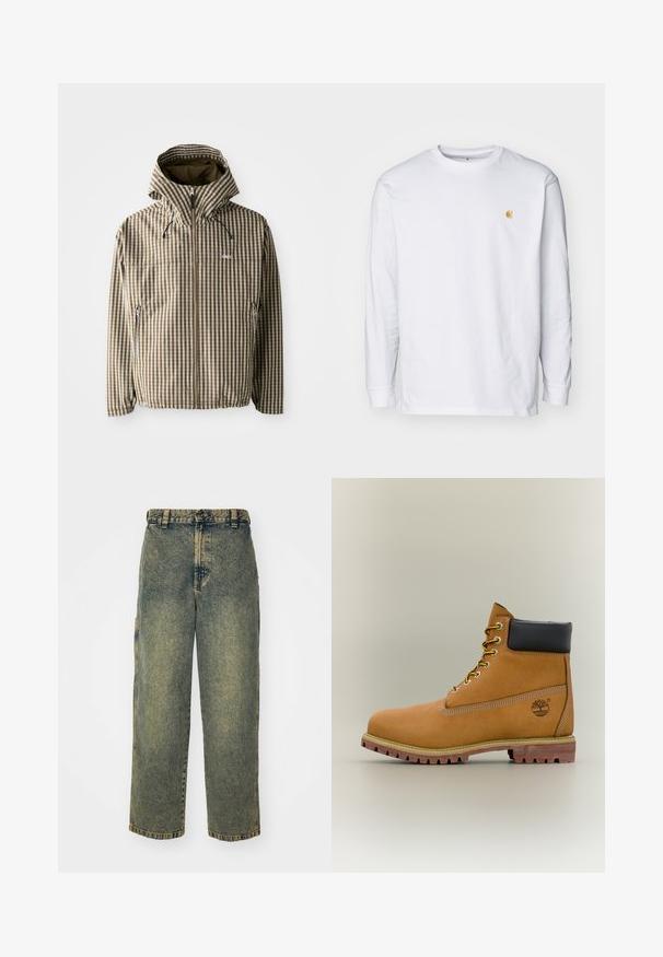 Brun og creme ternet hættejakke med fuld lynlås, sidelommer og elastiske manchetter, fremstillet af letvægts, vandtæt materiale.; Hvid langærmet t-shirt lavet af bomuld. Har et lille gyldent logo på brystet og en rund halsudskæring. Enkel design og standard pasform.; Slidse denim jeans i en falmet blå og grøn vask. Har en knaplukning, bælteløkker og sidelommer. Flad front og lige ben-design.; Brun læderankelstøvle med sort krave, gule snørebånd og tanfarvet sål. Har logo og hvide syninger som detalje. Robust ydersål med greb.