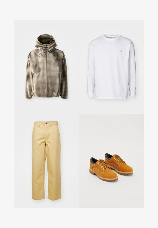 Chaqueta a rayas marrón y crema con capucha, cierre de cremallera completa, bolsillos laterales y puños elásticos, fabricada con un material ligero e impermeable.; Camiseta de manga larga blanca de algodón. Cuenta con un pequeño logo dorado en el pecho y un cuello redondo. Diseño simple y corte estándar.; Pantalones de algodón beige de pierna ancha con un cierre frontal de botón, lazos para cinturón y bolsillos laterales. Textura suave con detalles de costura visibles.; Zapatos de ante marrón con punta redonda, cordones amarillos, un collar acolchado negro y suelas de goma con surcos de tracción.