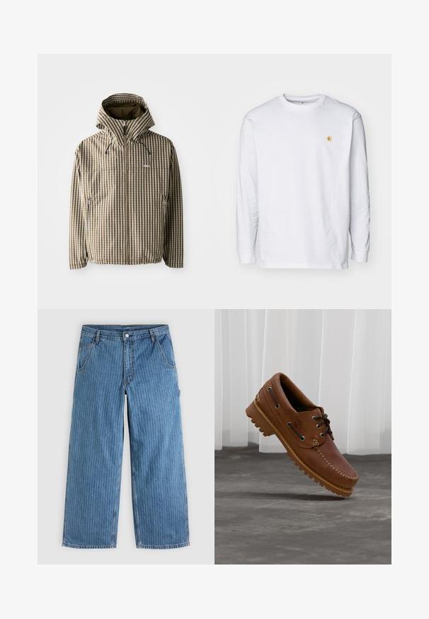 Braune und cremefarbene kariert Kapuzenjacke mit durchgehendem Reißverschluss, seitlichen Taschen und elastischen Bündchen, gefertigt aus leichtem, wasserdichtem Material.; Weißes Langarm-T-Shirt aus Baumwolle. Mit kleinem goldenem Logo auf der Brust und Rundhalsausschnitt. Einfaches Design und normale Passform.; Blaue Jeans mit weitem Bein und dünnen weißen vertikalen Nadelstreifen, Vordertaschen, Gürtelschlaufen und einem Knopfverschluss in der Taille.; Brauner Leder-Bootsschuh mit schwarzen Schnürsenkeln, beigen Nähten und einer robusten Sohle, schwebt über einem grauen Betonboden.