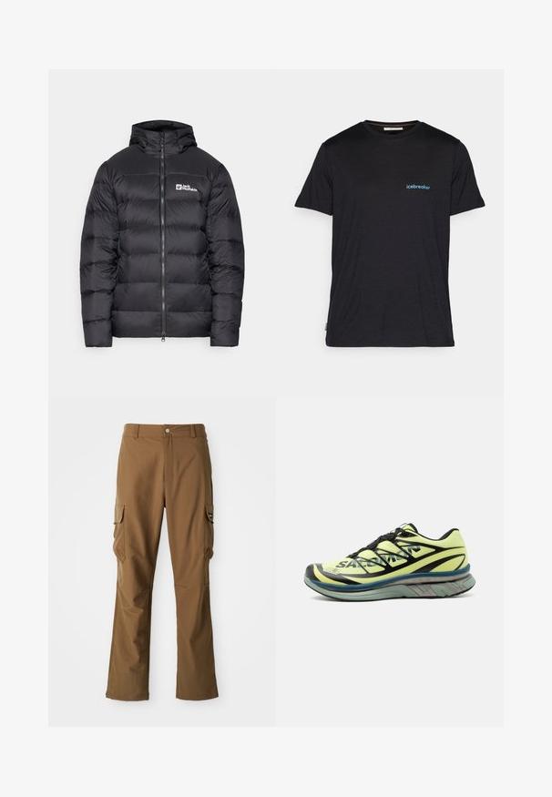 Jack Wolfskin NEBELHORN - Gewatteerde jas - black; Zwarte korte mouwen t-shirt van zachte stof, met een klein blauw "icebreaker" logo op de linkerkant van de borst. Normale pasvorm.; Bruine cargobroek met een rechte snit, voorzien van twee zijzakken en een ritssluiting. Gemaakt van een gestructureerde stof met een gladde afwerking.; Geel en zwarte sportschoen met dikke blauwe en grijze zool, vetersluiting en ademend mesh bovenwerk, zijaanzicht.