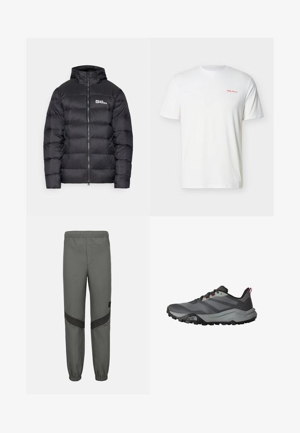 Jack Wolfskin NEBELHORN - Gewatteerde jas - black; Witte korte mouw T-shirt met ronde hals en een klein rood "Helly Hansen"-logo op de bovenste linkerborst.; Grijze trainingsbroek met elastische taille, zwarte chevron kniepanelen en elastische boorden, ontworpen voor dagelijks of sportief gebruik.; Grijs-zwart trailschoenen met robuuste zool, veterluiting aan de voorkant, rode trek lus en het The North Face-logo op de zijkant van de zool.