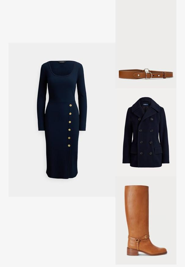 Tmavomodrý dvojradový pea coat so širokým golierom, šiestimi čiernymi gombíkmi a dvoma prednými náprsnými vreckami s chlopňou.; Námornícka modrá rebrovaná šaty s dlhým rukávom, štvorcovým výstrihom a gombíkmi na boku. Má priliehavý strih a dĺžku po kolená.; Vysoké hnedé kožené čižmy s hladkým povrchom, so bočným pásom na pracku a vrstveným podpätkom. Horná časť má čistý, nezdobený dizajn.; Hnedý kožený opasok s hladkým povrchom, ktorý obsahuje biele prešívanie, okrúhlu striebornú pracku a jednoduchý dizajn s otvormi na opasok.