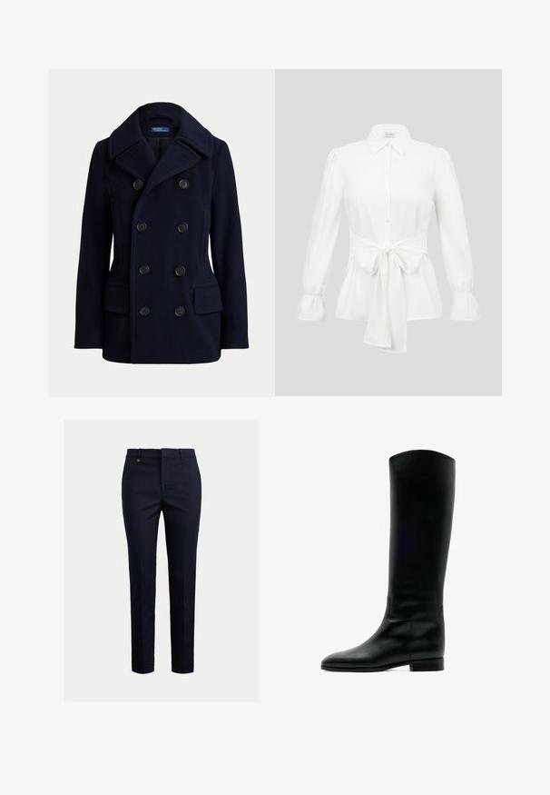 Navyblå dobbeltradet pea coat med bred krave, seks sorte knapper og to forlommer med klap.; Hvid langærmet bluse med knaplukning foran, spids krave, puffede ærmer, elastiske manchetter og et bredt, bundet bælte i taljen.; Marineblå chinos lavet af bomuldsblanding med et tilspidset fit, flad front, sidelommer og en enkelt baglomme; har et lille guldlogo.; Høj sort læderstøvle med lav hæl og rund tå, vist fra siden på en hvid baggrund.