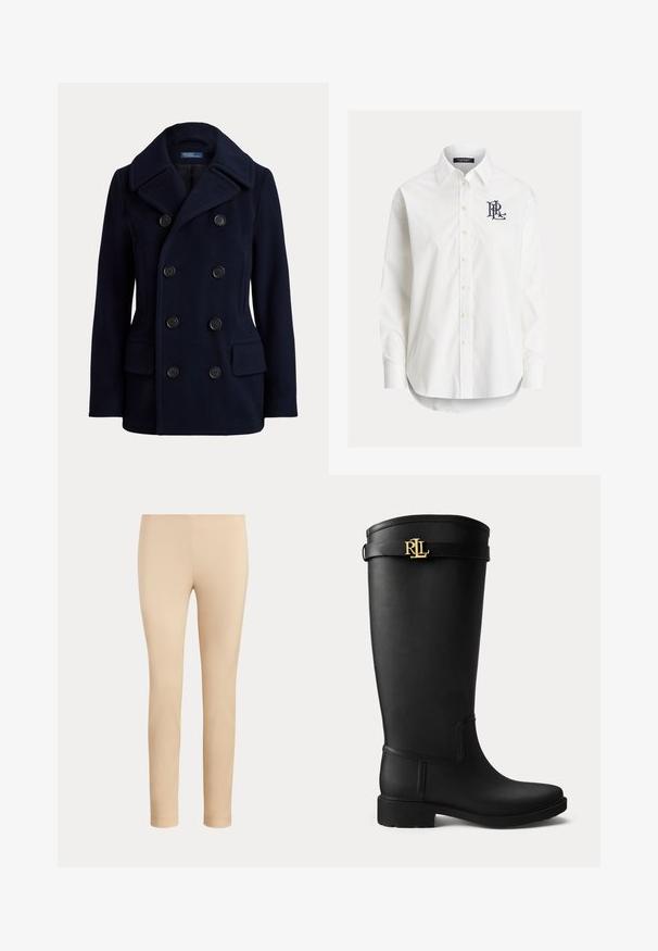 Tmavomodrý dvojradový pea coat so širokým golierom, šiestimi čiernymi gombíkmi a dvoma prednými náprsnými vreckami s chlopňou.; Biela košeľa s dlhým rukávom na gombíky, so špicatým golierom a čiernym vyšitým logom na ľavej strane hrude.; Béžové slim fit nohavice do členkov s hladkým povrchom bez viditeľných vreciek alebo ozdôb na jednofarebnom pozadí.; Čierna pršiplášťová čižma po kolená s nízkym podpätkom a zlatou prackou s logom RLL blízko vrchnej časti na jednoduchom svetlom pozadí.