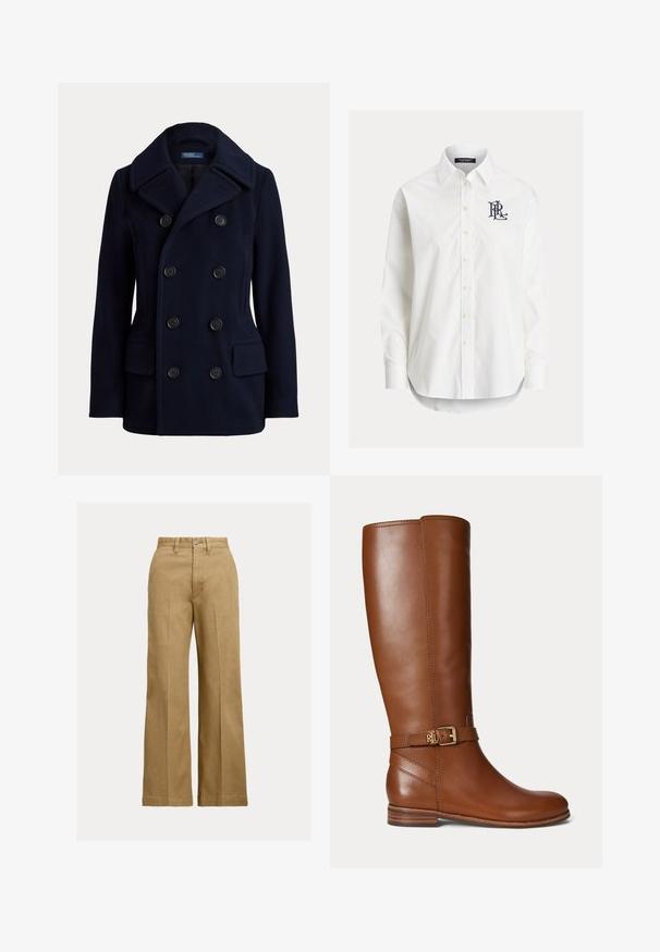 Manteau pea-coat bleu marine à double boutonnage avec large col, six boutons noirs et deux poches avant à rabat.; Chemise blanche à manches longues boutonnée avec col pointu et logo noir brodé sur la poitrine gauche.; Pantalon large beige avec plis à l'avant, passants pour ceinture et fermeture par bouton sur un fond clair uni.; Botte en cuir marron montant jusqu’au genou avec une petite boucle dorée et le logo "RL" sur la sangle près de la cheville, talon plat et finition lisse.