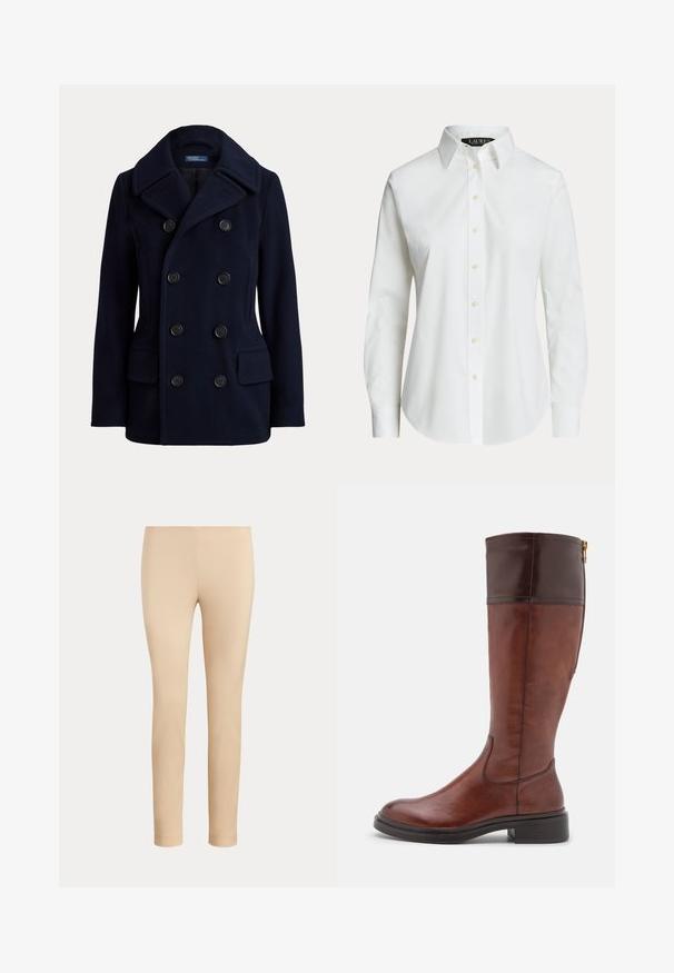 Navyblå dobbeltradet pea coat med bred krave, seks sorte knapper og to forlommer med klap.; Hvid langærmet skjorte med knapper, klassisk krave og synlige knapper foran, vist på en ensfarvet baggrund.; Beige slim-fit ankellange bukser med en glat finish og uden synlige lommer eller pynt på en ensfarvet baggrund.; Tamaris Høje støvler/ Støvler - cognac