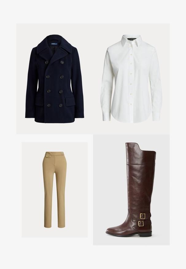 Navyblå dobbeltradet pea coat med bred krave, seks sorte knapper og to forlommer med klap.; Hvid langærmet skjorte med knapper, klassisk krave og synlige knapper foran, vist på en ensfarvet baggrund.; Beige skræddersyede bukser med en glat tekstur, høj talje, to dekorative knapper og en enkelt baglomme. Lige ben-design.; Brune læderknæhøj støvle med en rund tå, der har to guldtonede spænder ved anklen og en glat, poleret overflade.