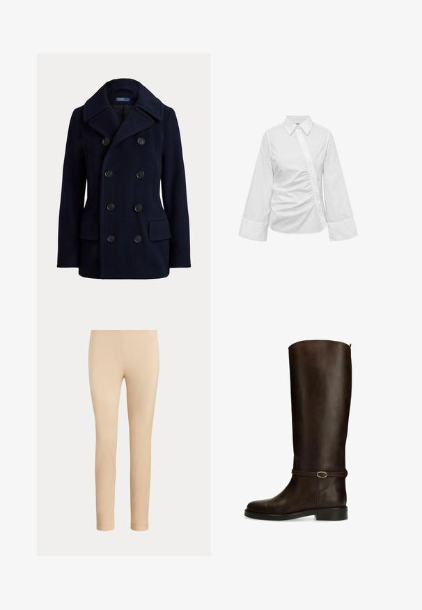 Manteau pea-coat bleu marine à double boutonnage avec large col, six boutons noirs et deux poches avant à rabat.; Blouse blanche à manches longues avec fermeture asymétrique à boutons et détail froncé sur le devant, avec larges poignets et col pointu.; Pantalon beige slim fit longueur cheville avec une finition lisse, sans poches visibles ni ornements, sur un fond uni.; Botte d'équitation haute en cuir marron foncé avec talon plat et sangle décorative avec boucle argentée autour de la cheville.