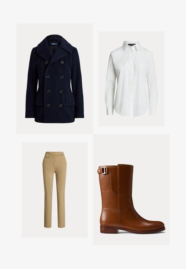 Marineblauwe double-breasted pea coat met brede kraag, zes zwarte knopen en twee voorzakken met klep.; Witte overhemd met lange mouwen, knopen aan de voorkant, puntige kraag en licht gebogen zoom.; Beige op maat gemaakte broek met een zachte textuur, hoge taille, twee decoratieve knopen en een enkele achterzak. Recht gesneden ontwerp.; Bruine leren enkellaars met een gladde afwerking, afgeronde neus en decoratieve zijgesp. Voorzien van een lage houten hak en minimale stikdetails.