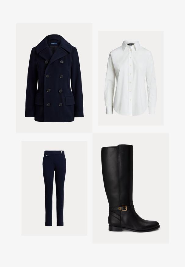 Navyblå dobbeltradet pea coat med bred krave, seks sorte knapper og to forlommer med klap.; Hvid skjorte med lange ærmer, knapper foran, spids krave og let buet kant.; Marineblå slim-fit bukser med høj talje, der har dekorative knapper og en lille klaplomme på højre side.; Sort knæhøj læderstøvle med lav hæl, guldlås og lille præget logo på sidespændet.