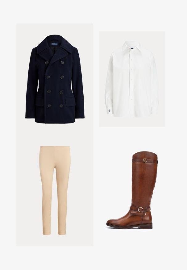 Navyblå dobbeltradet pea coat med bred krave, seks sorte knapper og to forlommer med klap.; Hvid langærmet skjorte med knapper og spids krave samt mørkeblå broderet logo på venstre manchet.; Beige slim-fit ankellange bukser med en glat finish og uden synlige lommer eller pynt på en ensfarvet baggrund.; Brune læderstøvler til knæene med en glat finish, en rundt tå, et dekorativt bælte med en cirkulær spænde, og en lav stablet hæl.