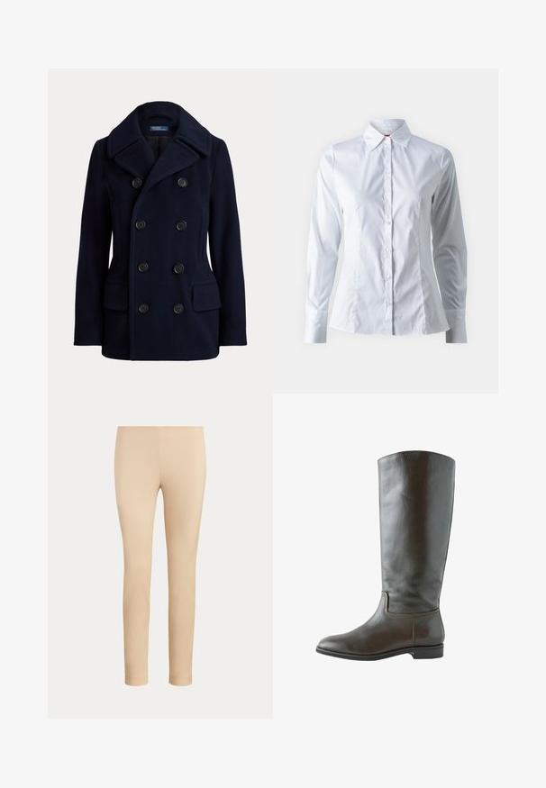 Tmavomodrý dvojradový pea coat so širokým golierom, šiestimi čiernymi gombíkmi a dvoma prednými náprsnými vreckami s chlopňou.; Biely košeľový top s dlhými rukávmi, špicatým golierom, priliehavým strihom, hladkou bavlnenou tkaninou a predným zapínaním na gombíky.; Béžové slim fit nohavice do členkov s hladkým povrchom bez viditeľných vreciek alebo ozdôb na jednofarebnom pozadí.; Vysoká hnedá kožená čižma s nízkym opätkom, zaokrúhlenou špičkou a jednoduchým šitím pozdĺž členka a okrajov podrážky.