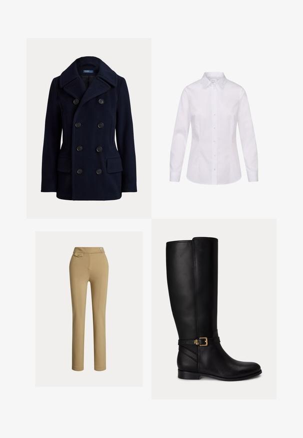 Manteau pea-coat bleu marine à double boutonnage avec large col, six boutons noirs et deux poches avant à rabat.; Chemise blanche à manches longues avec col pointu et taille cintrée, présentée sur un fond blanc.; Pantalons beiges ajustés avec une texture lisse, taille haute, deux boutons décoratifs et une poche arrière. Design à jambe droite.; Botte noire en cuir montante jusqu'au genou avec talon bas, boucle dorée et petit logo embossé sur la sangle latérale.