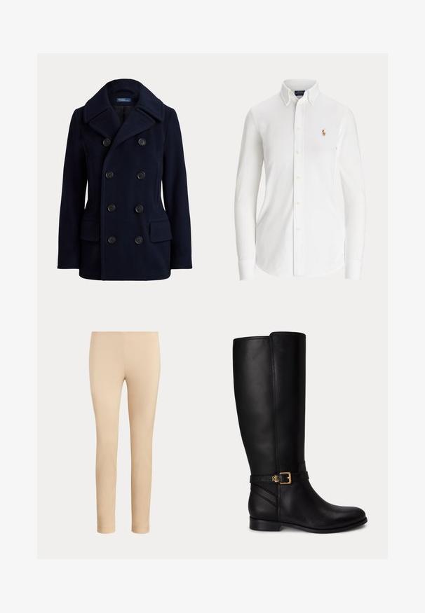 Tmavomodrý dvojradový pea coat so širokým golierom, šiestimi čiernymi gombíkmi a dvoma prednými náprsnými vreckami s chlopňou.; Biela košeľa s dlhým rukávom zapínaná na gombíky, golierom na gombíky a malým vyšitým logom hráča póla na hrudi.; Béžové slim fit nohavice do členkov s hladkým povrchom bez viditeľných vreciek alebo ozdôb na jednofarebnom pozadí.; Čierna kožená čižma po kolená s nízkym podpätkom, zlatou prackou a malým reliéfovým logom na bočnom remienku.