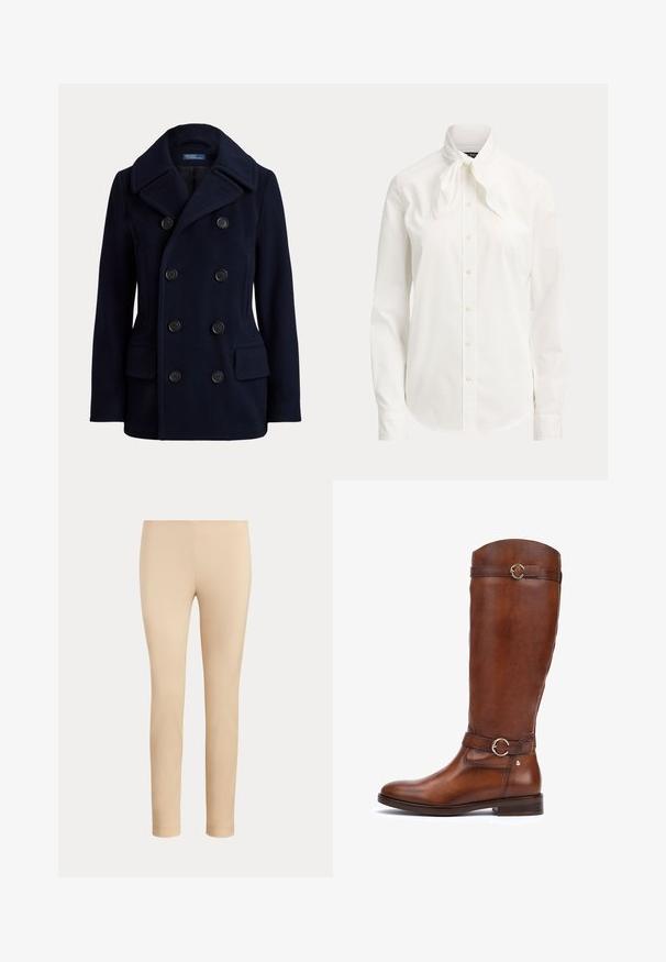 Navyblå dobbeltradet pea coat med bred krave, seks sorte knapper og to forlommer med klap.; Hvid bluse med lange ærmer, frontknapper og en bundet sløjfe omkring kraven på ensfarvet baggrund.; Beige slim-fit ankellange bukser med en glat finish og uden synlige lommer eller pynt på en ensfarvet baggrund.; Brune læderstøvler til knæene med en glat finish, en rundt tå, et dekorativt bælte med en cirkulær spænde, og en lav stablet hæl.