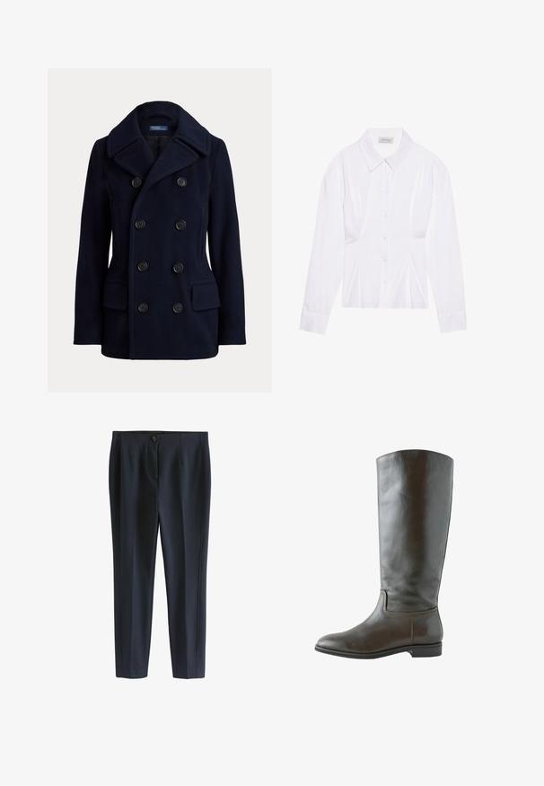 Navyblå dobbeltradet pea coat med bred krave, seks sorte knapper og to forlommer med klap.; Hvid langærmet bluse med klassisk krave, knaplukning foran og samlede side detaljer. Glat stof med en skræddersyet form.; Marineblå skræddersyede bukser med en glat tekstur, der har en enkelt knaplukning, flad front og frynse ned ad benene.; Høj brun læderstøvle med lav hæl, rundet tå og enkelt syning langs anklen og sålens kanter.