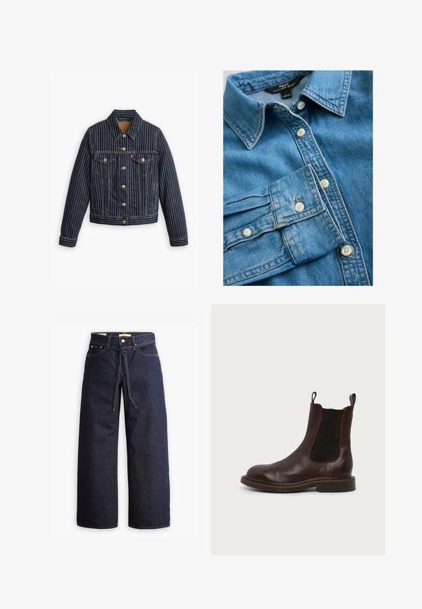 Blå denimjakke med hvide lodrette striber, knapfront, to brystlommer og en krave. Syninger synlige langs sømmene.; Blå denimskjorte med spids krave, knapper foran og knapdetaljer ved manchetterne. Har synlige syninger og en glat tekstur.; Bredde ben mørkeblå denim jeans med høj talje, der har snoretræk, fem lommer og kontrastsyet detaljer.; Mørkebrun læderankelstøvle med sort elastisk sidepanel og træksløjfer på hvid baggrund.