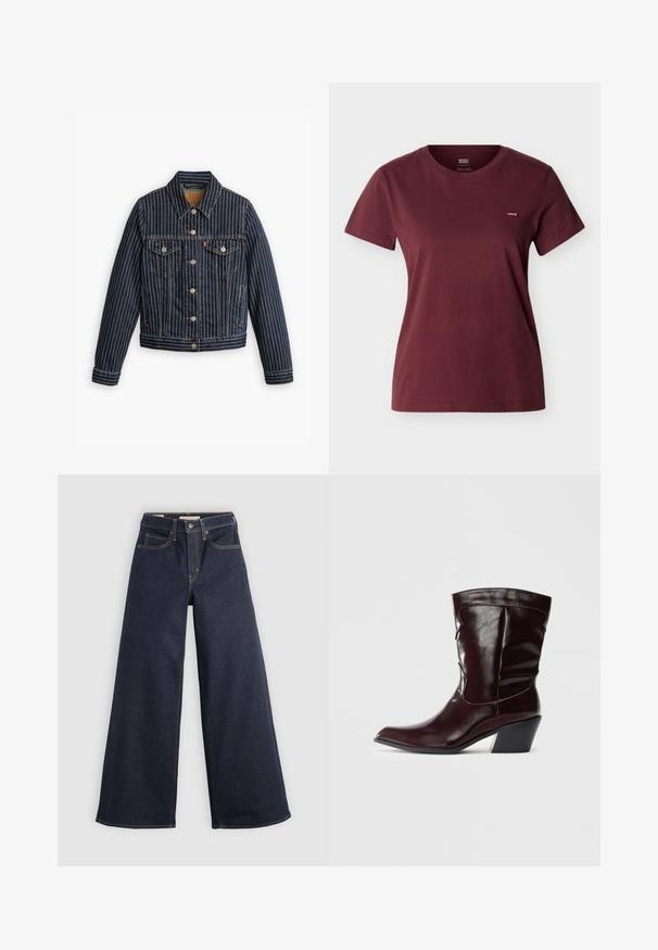 Blå denimjakke med hvide lodrette striber, knapfront, to brystlommer og en krave. Syninger synlige langs sømmene.; Kortærmet crewneck T-shirt i mørk bordeaux med lille rød Levi's-logo på venstre bryst mod en lysegrå baggrund.; Bredde ben denim jeans i mørkeblå med kontrastsyninger. Har det traditionelle fem-lomme design og en knaplukning ved taljen.; Bordeaux læder ankelstøvler med spids tå, tekstureret overflade og en lav, taperet hæl. Har diskrete søm og en tætsiddende pasform.