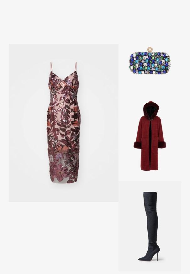 Rød og sort ternet badekåbe med hætte, der har faux fur-foring og manchetter, samt to forlommer. Lukket med en toggellukning.; Glitrende ærmeløs kjole i gennemsigtig stof med pink palietblomsterdesign. Har V-udskæring og tætsiddende silhuet, der når til midten af læggen.; Støvle til knæhøjde i sort med et tekstureret stof, der indeholder små glimmer, spids tå og slank høj hæl.; Lille rektangulær clutchtaske dekoreret med flerfarvede blå, grønne, hvide og lilla ædelstene og en rund perle-lukning.