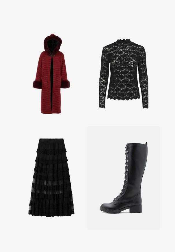 Rød og sort ternet badekåbe med hætte, der har faux fur-foring og manchetter, samt to forlommer. Lukket med en toggellukning.; Sort blonde langærmet top med høj krave, blomster mønster, scalloped kanter og transparent tekstur.; Sort lagdelt blonde midi-nederdel med elastisk talje med indgraveret mærkenavn, der har gennemsigtige og solide lagdelte stofpaneler.; Sorte læder støvler i knæhøjde med rund tå, snørebånd fortil, metaløjer og en kraftig hæl. Tekstureret finish med en glat overflade.