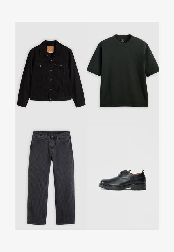 Sort denimjakke med klassisk design, der har en spids krave, brystlommer, lukning med fem knapper og et lædermærke med mærkenavn.; Sort T-shirt med korte ærmer og rund hals, løstsiddende pasform, vist fladt på en lys grå baggrund.; Sorte jeans med lodrette striber og lige ben, lavet af denim, med knaplukning foran og fem lommer.; Sorte læder derby-sko med en glat overflade, rund tå, snøre-design og en tyk, robust gummisål.