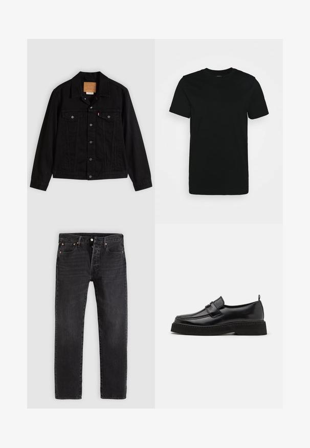 Sort denimjakke med klassisk design, der har en spids krave, brystlommer, lukning med fem knapper og et lædermærke med mærkenavn.; Sort kortærmet T-shirt lavet af glat bomuldsstoff, med rund halsudskæring og et enkelt design uden mønstre eller accenter.; Sorte jeans i denim med en lige pasform, der har to forlommer, en møntlomme og metalnitter. Klassisk design med fem lommer.; Sorte læder loafersko i stil med flad, tekstureret sål, med en syet tå og en rem over vristen.
